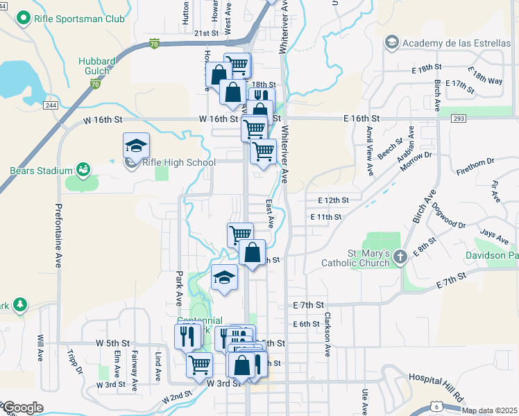 map of restaurants, bars, coffee shops, grocery stores, and more near 136 East 11th Street in Rifle