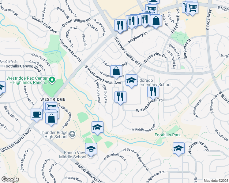 map of restaurants, bars, coffee shops, grocery stores, and more near 9737 South Mulberry Street in Littleton
