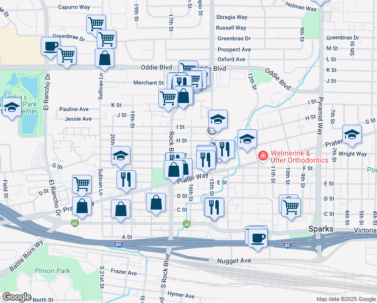 map of restaurants, bars, coffee shops, grocery stores, and more near 1624 G Street in Sparks
