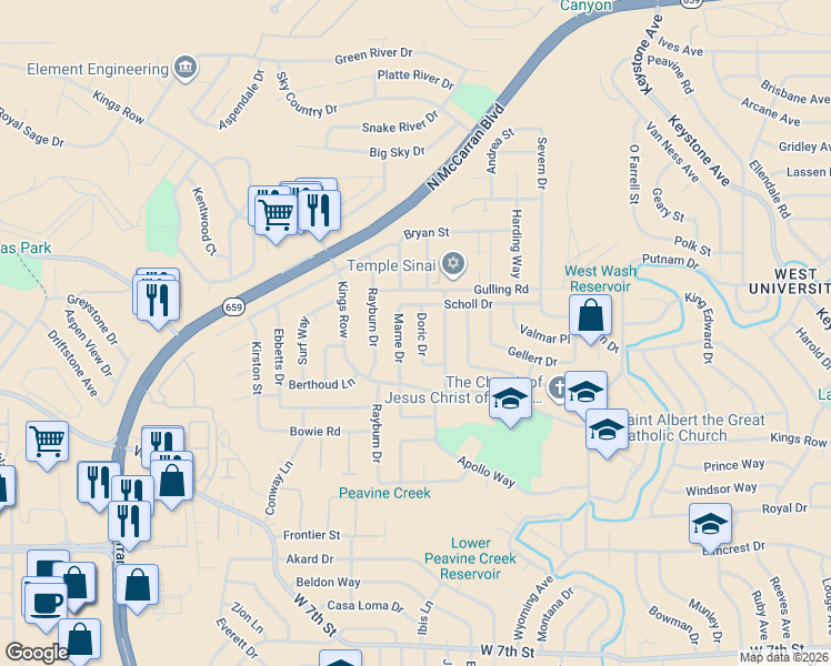 map of restaurants, bars, coffee shops, grocery stores, and more near 1463 Doric Drive in Reno
