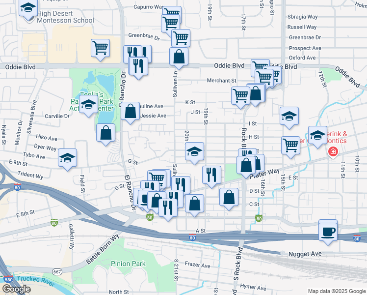 map of restaurants, bars, coffee shops, grocery stores, and more near 2002 G. Street in Sparks