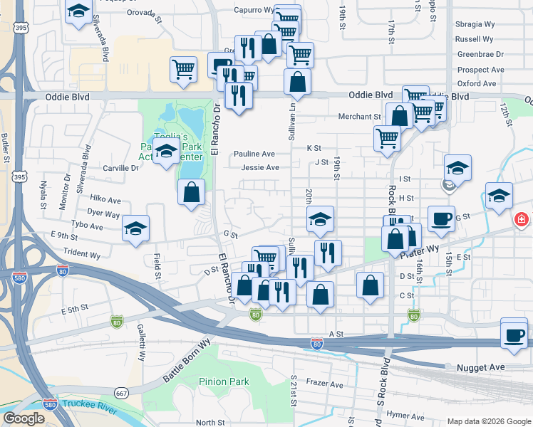 map of restaurants, bars, coffee shops, grocery stores, and more near 2154 Roundhouse Road in Sparks