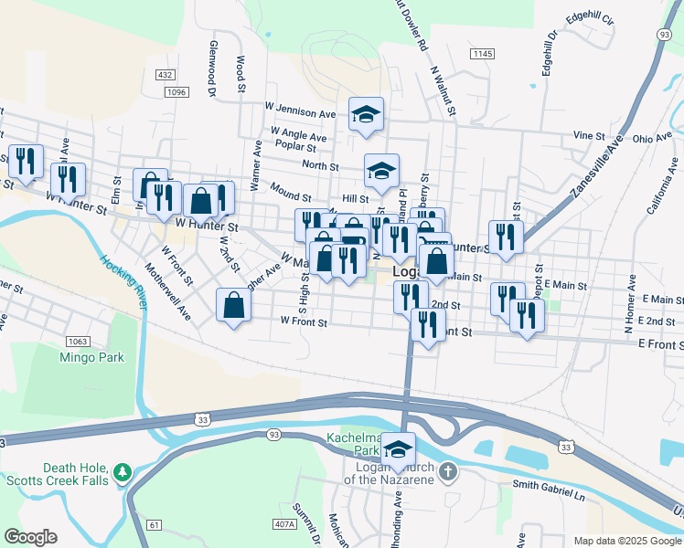 map of restaurants, bars, coffee shops, grocery stores, and more near 63 West Main Street in Logan
