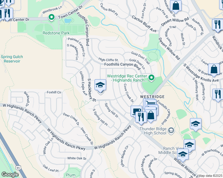 map of restaurants, bars, coffee shops, grocery stores, and more near 9832 South Castle Ridge Circle in Littleton