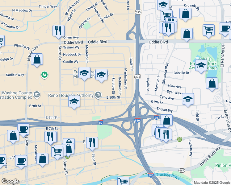 map of restaurants, bars, coffee shops, grocery stores, and more near 1070 Barstow Street in Reno