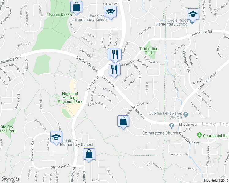 map of restaurants, bars, coffee shops, grocery stores, and more near 6697 Millstone Street in Littleton