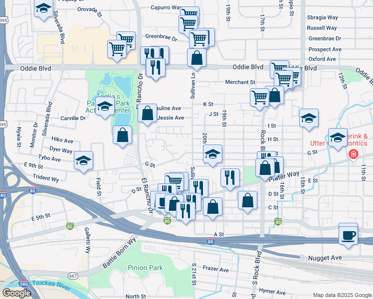 map of restaurants, bars, coffee shops, grocery stores, and more near 2100 G Street in Sparks