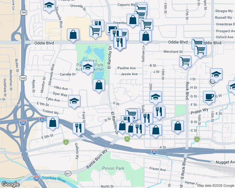 map of restaurants, bars, coffee shops, grocery stores, and more near 2325 Roundhouse Road in Sparks