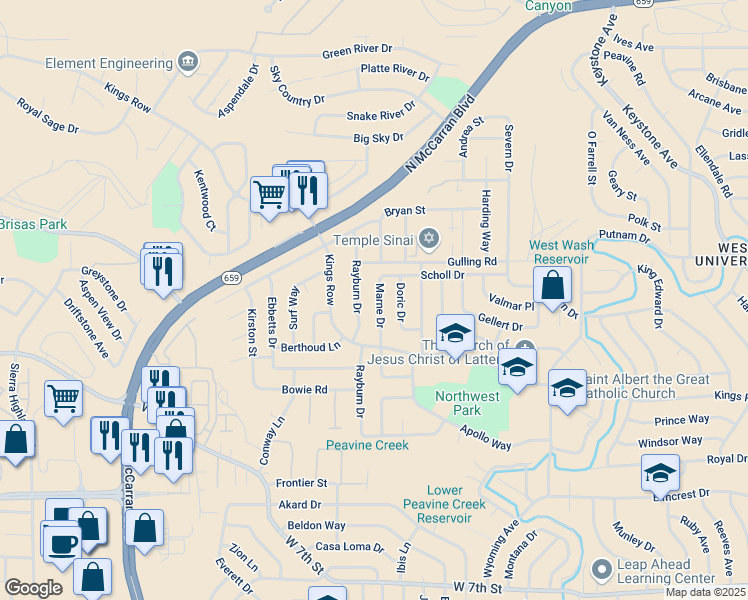 map of restaurants, bars, coffee shops, grocery stores, and more near 1425 Marne Drive in Reno