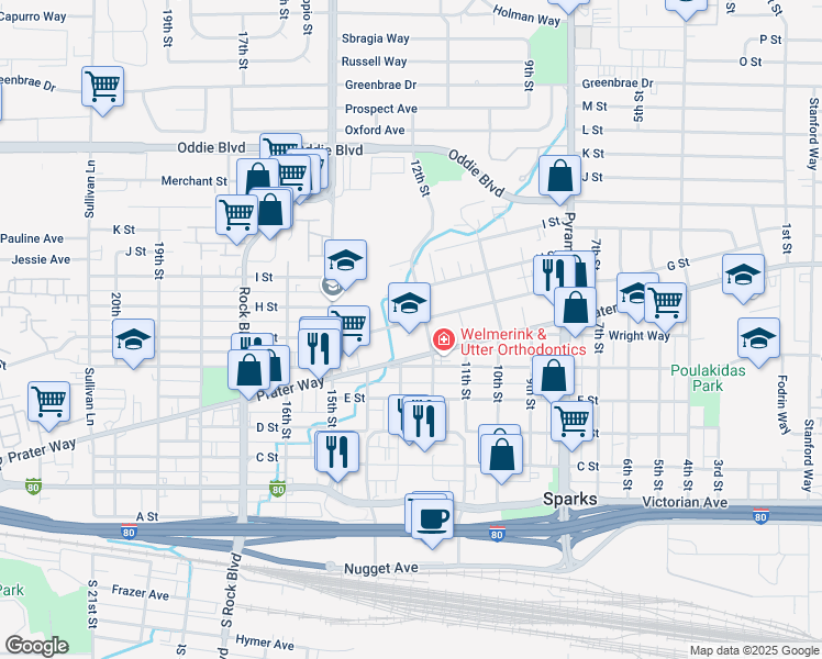 map of restaurants, bars, coffee shops, grocery stores, and more near 1216 Prater Way in Sparks