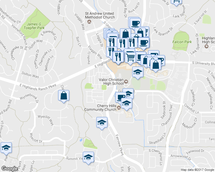 map of restaurants, bars, coffee shops, grocery stores, and more near 9771 Dunning Circle in Littleton