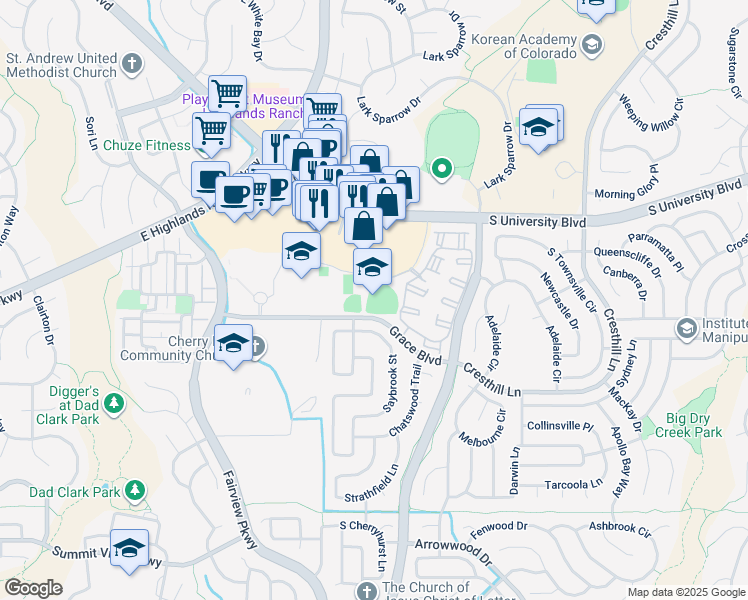 map of restaurants, bars, coffee shops, grocery stores, and more near in Highlands Ranch