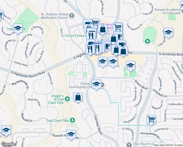 map of restaurants, bars, coffee shops, grocery stores, and more near 9771 Dunning Circle in Littleton