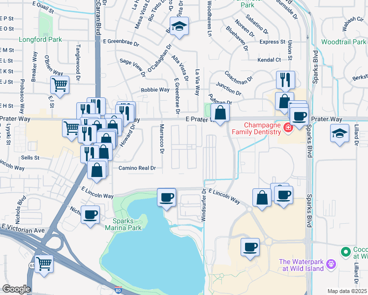 map of restaurants, bars, coffee shops, grocery stores, and more near 675 Parlanti Lane in Sparks