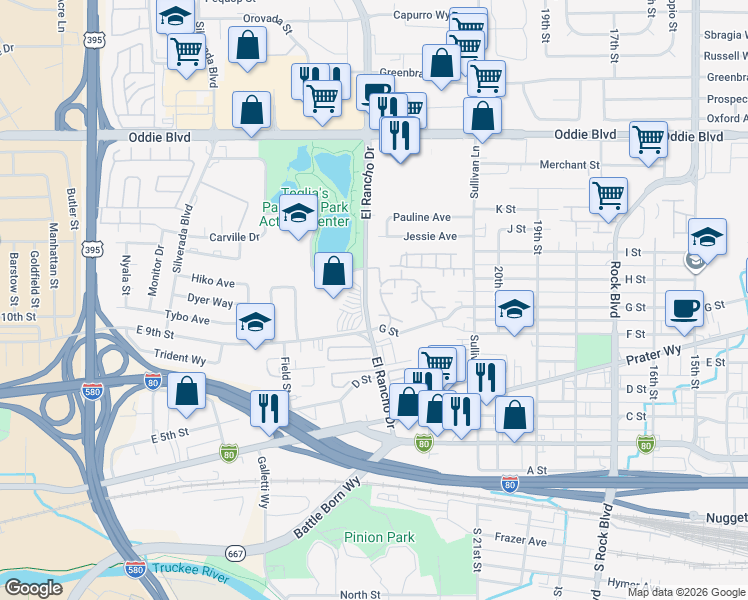 map of restaurants, bars, coffee shops, grocery stores, and more near 2324 Roundhouse Road in Sparks