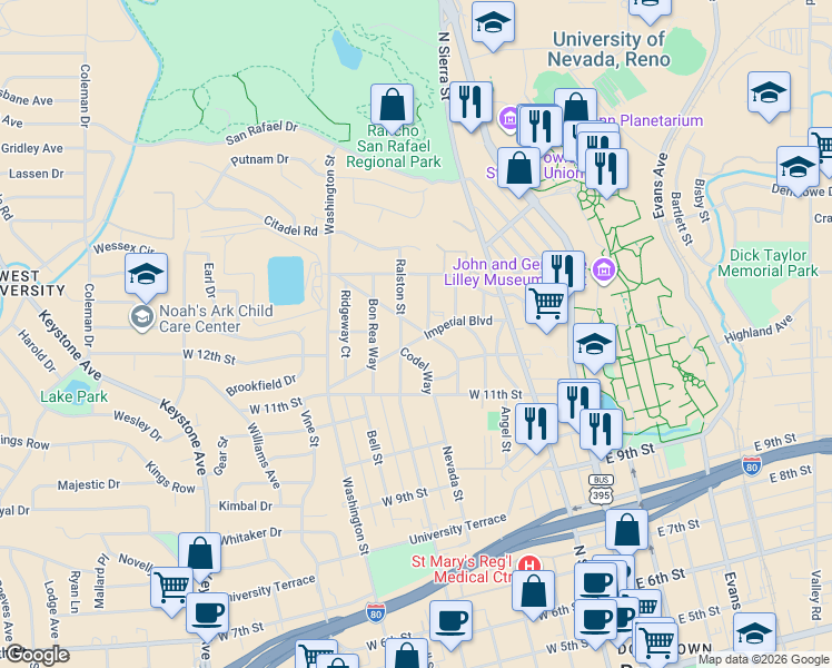 map of restaurants, bars, coffee shops, grocery stores, and more near 401 Imperial Boulevard in Reno