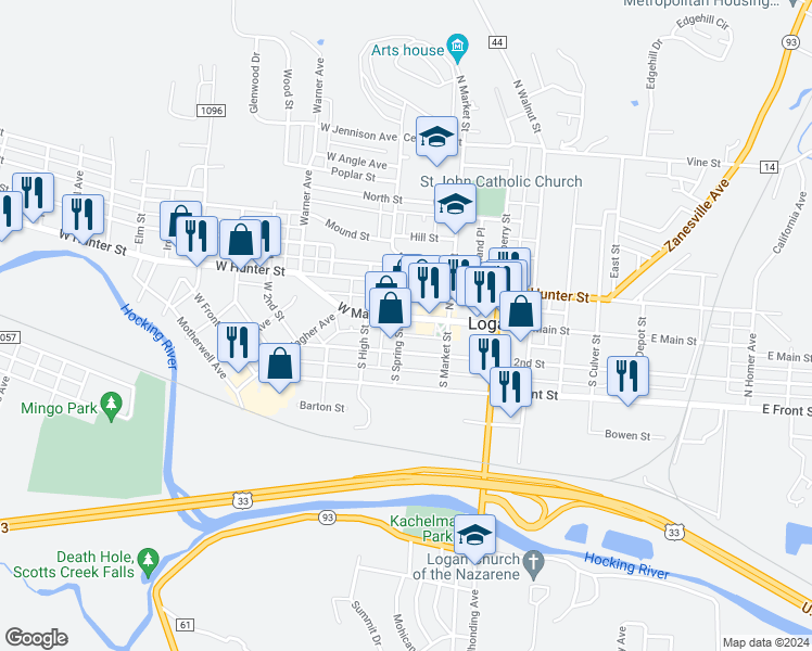 map of restaurants, bars, coffee shops, grocery stores, and more near 63 West Main Street in Logan