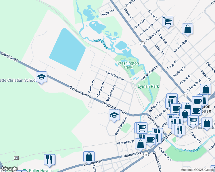map of restaurants, bars, coffee shops, grocery stores, and more near 919 Millwood Avenue in Washington Court House