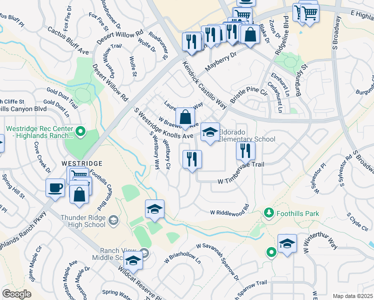 map of restaurants, bars, coffee shops, grocery stores, and more near 9737 South Mulberry Street in Littleton