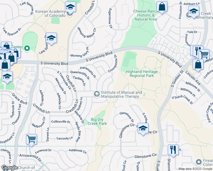 map of restaurants, bars, coffee shops, grocery stores, and more near 9715 Merimbula Street in Littleton