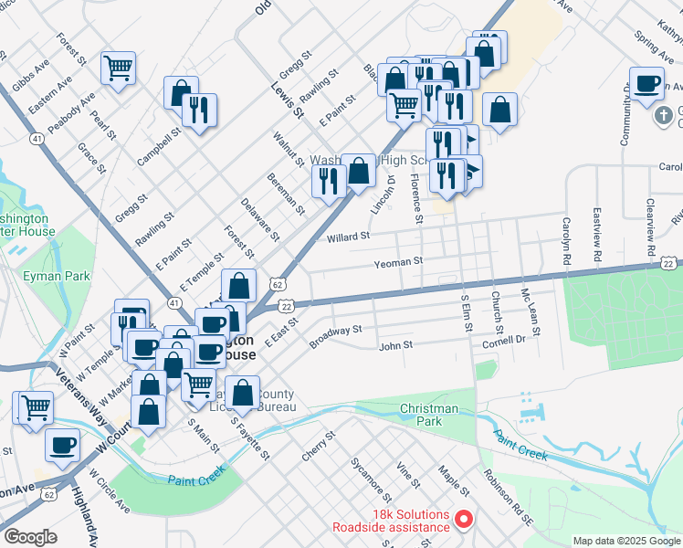 map of restaurants, bars, coffee shops, grocery stores, and more near 643 Yeoman Street in Washington Court House
