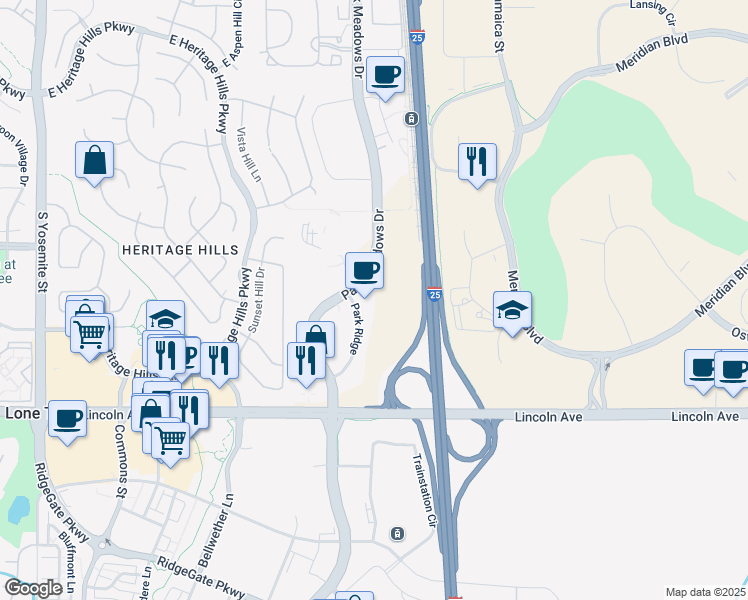 map of restaurants, bars, coffee shops, grocery stores, and more near 10375 Park Meadows Drive in Lone Tree