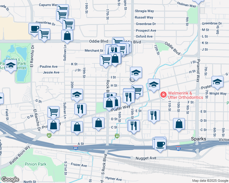 map of restaurants, bars, coffee shops, grocery stores, and more near 1624 G. Street in Sparks