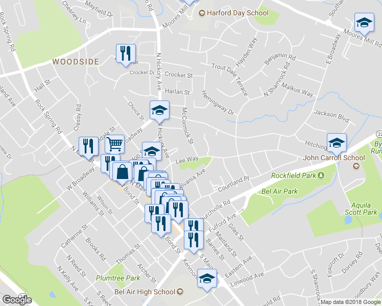 map of restaurants, bars, coffee shops, grocery stores, and more near 108 McCormick Street in Bel Air