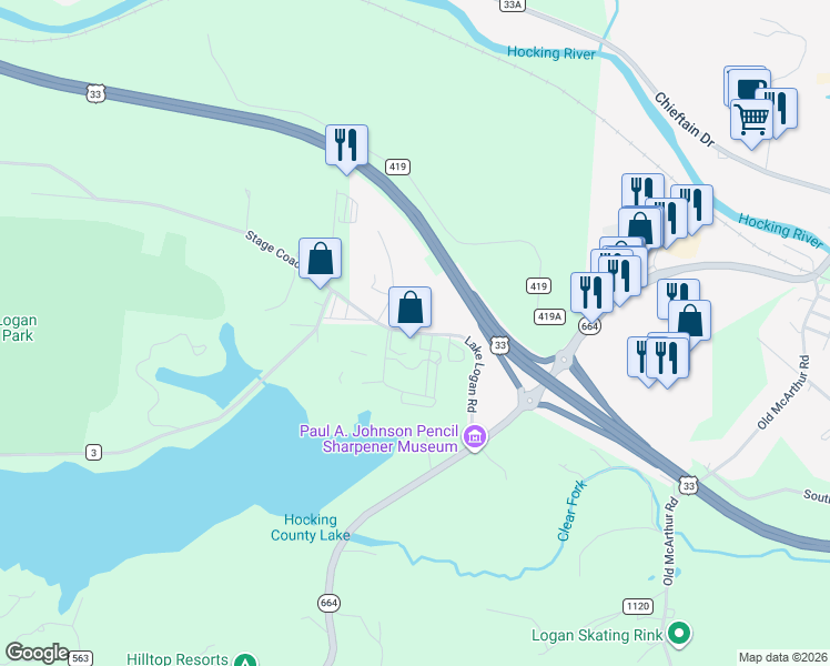 map of restaurants, bars, coffee shops, grocery stores, and more near Lake Logan Road in Logan