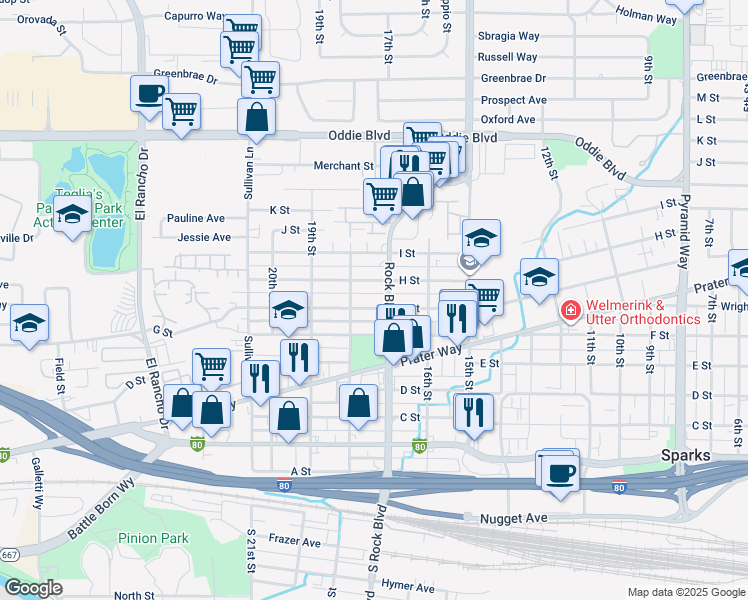 map of restaurants, bars, coffee shops, grocery stores, and more near 1730 G. Street in Sparks