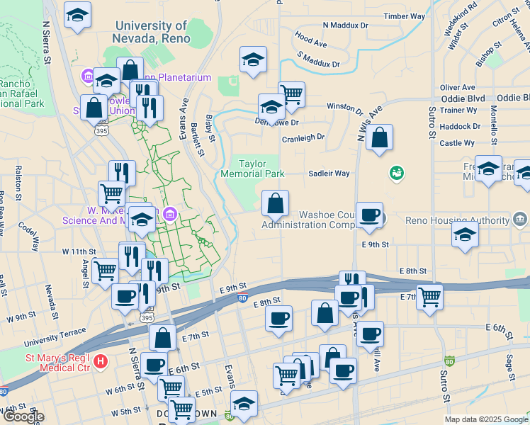 map of restaurants, bars, coffee shops, grocery stores, and more near 486 Highland Avenue in Reno