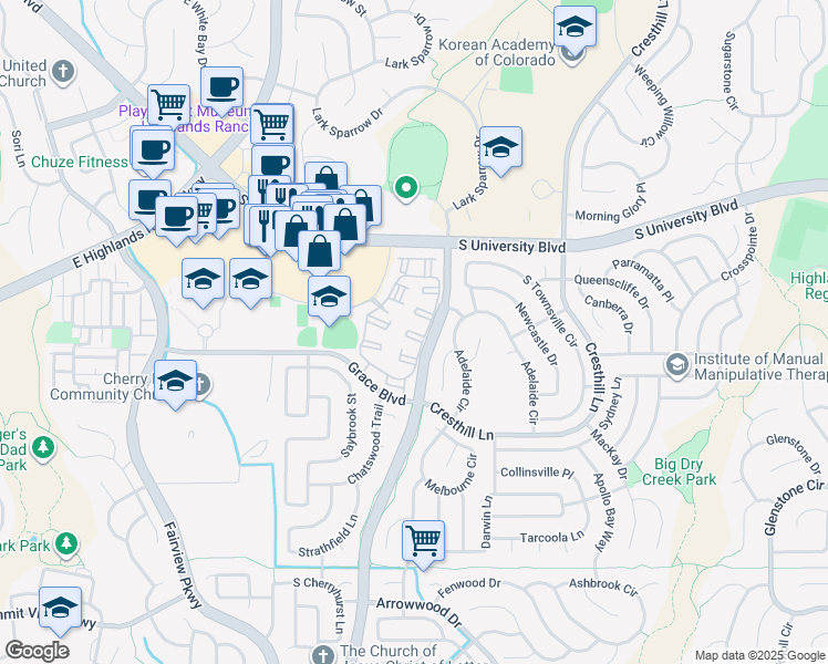 map of restaurants, bars, coffee shops, grocery stores, and more near 9687 South Timber Hawk Circle in Littleton