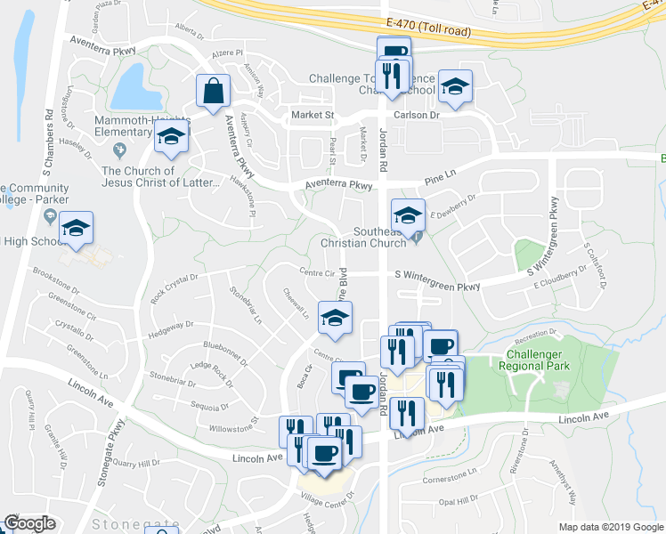 map of restaurants, bars, coffee shops, grocery stores, and more near 9734 Crowsley Court in Parker
