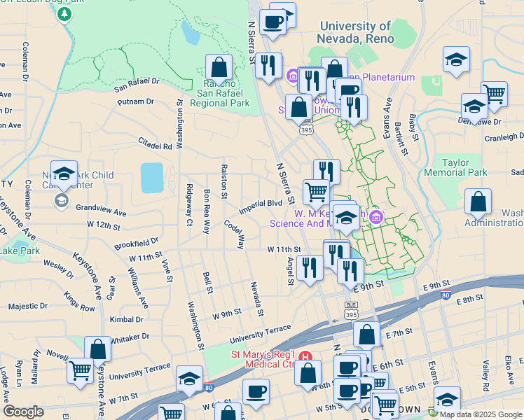 map of restaurants, bars, coffee shops, grocery stores, and more near 1155 Buena Vista Avenue in Reno