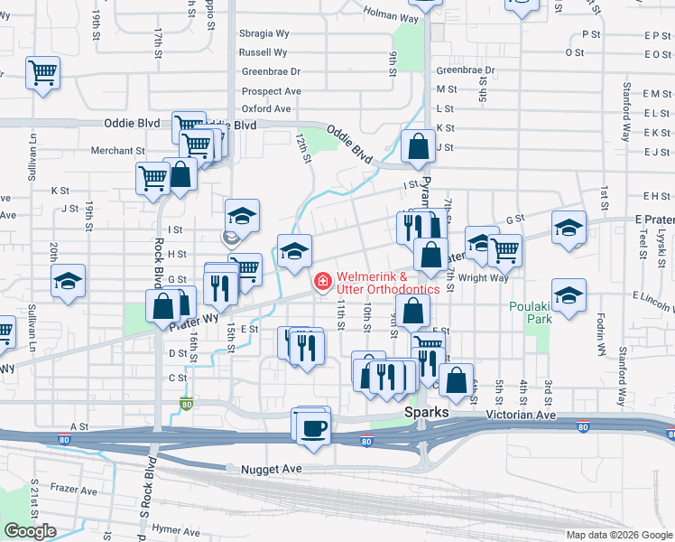 map of restaurants, bars, coffee shops, grocery stores, and more near 1069 Prater Way in Sparks