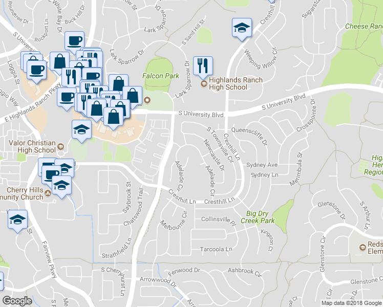 map of restaurants, bars, coffee shops, grocery stores, and more near 9710 Adelaide Court in Littleton
