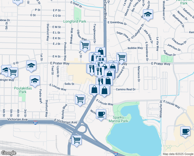 map of restaurants, bars, coffee shops, grocery stores, and more near 673 North McCarran Boulevard in Sparks