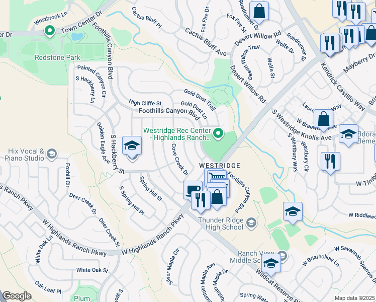 map of restaurants, bars, coffee shops, grocery stores, and more near 9676 Whitecliff Place in Littleton