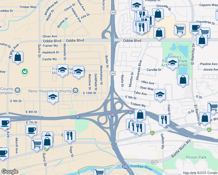 map of restaurants, bars, coffee shops, grocery stores, and more near 1080 Butler St in Reno