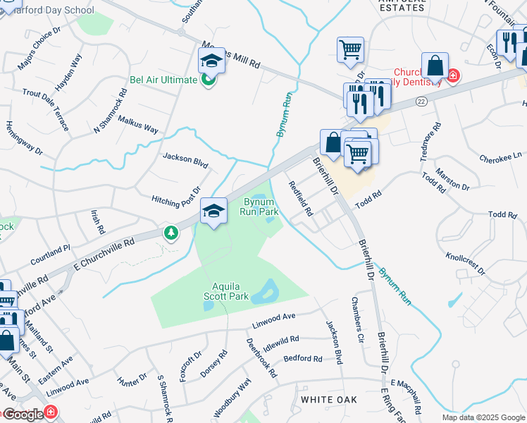 map of restaurants, bars, coffee shops, grocery stores, and more near 715 Churchville Road in Bel Air