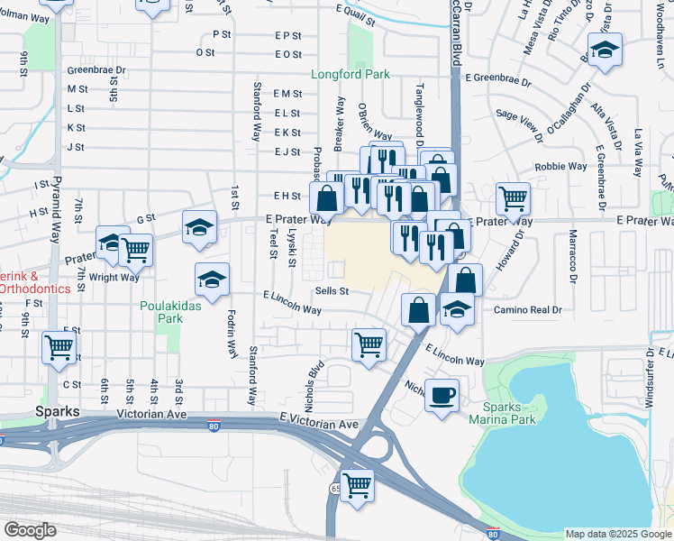 map of restaurants, bars, coffee shops, grocery stores, and more near 275 E Prater Way in Sparks