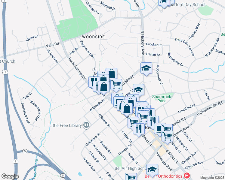 map of restaurants, bars, coffee shops, grocery stores, and more near 30 East Broadway in Bel Air