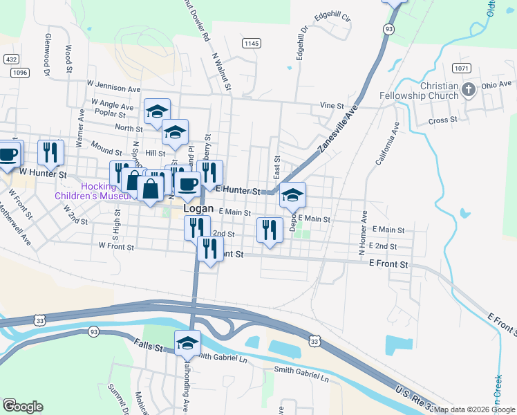 map of restaurants, bars, coffee shops, grocery stores, and more near 360 East Main Street in Logan