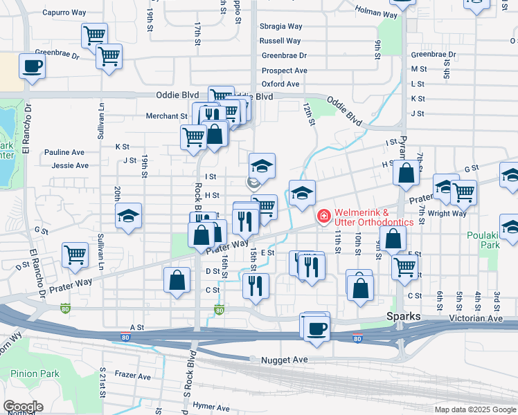 map of restaurants, bars, coffee shops, grocery stores, and more near 820 15th Street in Sparks