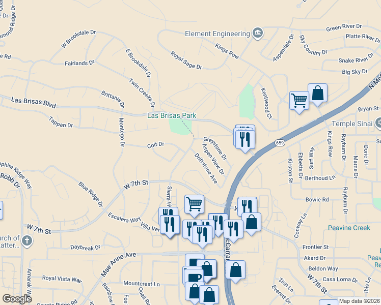 map of restaurants, bars, coffee shops, grocery stores, and more near 5190 Driftstone Avenue in Reno