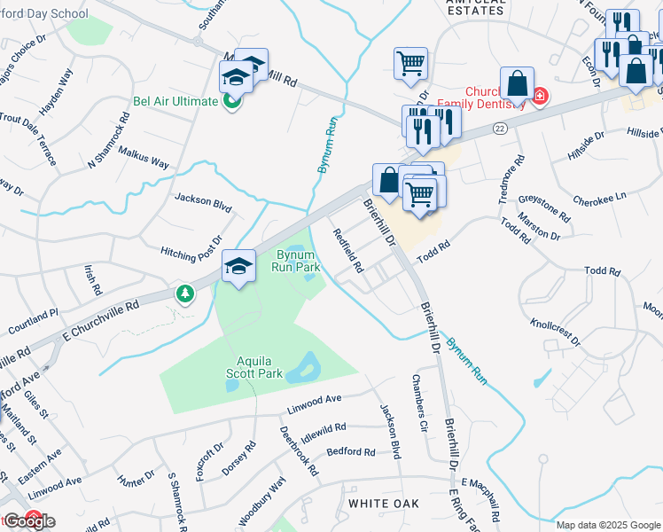 map of restaurants, bars, coffee shops, grocery stores, and more near 901 Richwood Road in Bel Air