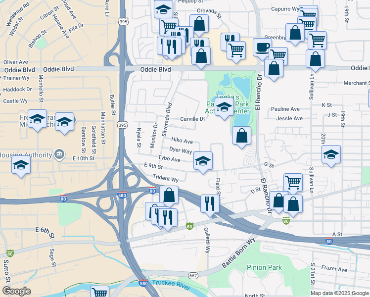 map of restaurants, bars, coffee shops, grocery stores, and more near 2585 Dyer Way in Reno