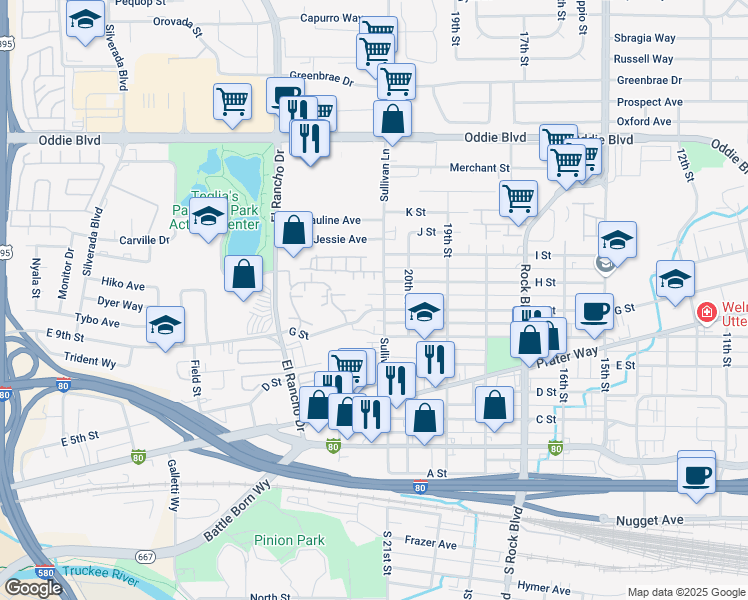 map of restaurants, bars, coffee shops, grocery stores, and more near 2100 G Street in Sparks