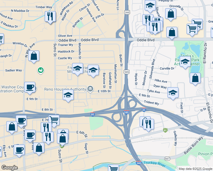 map of restaurants, bars, coffee shops, grocery stores, and more near 1070 Barstow Street in Reno