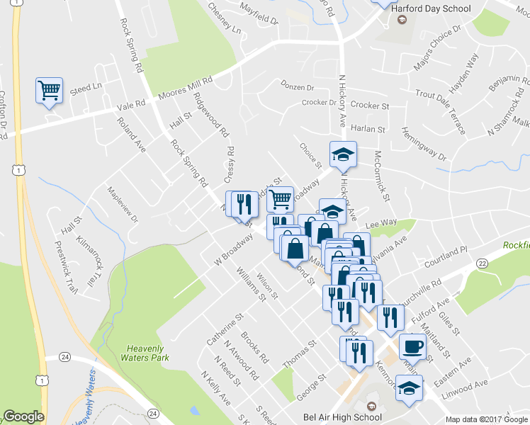 map of restaurants, bars, coffee shops, grocery stores, and more near 24 E Broadway in Bel Air